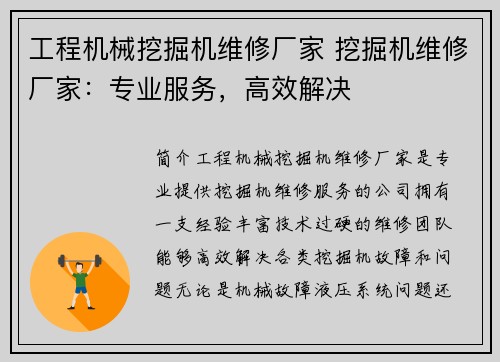 工程机械挖掘机维修厂家 挖掘机维修厂家：专业服务，高效解决